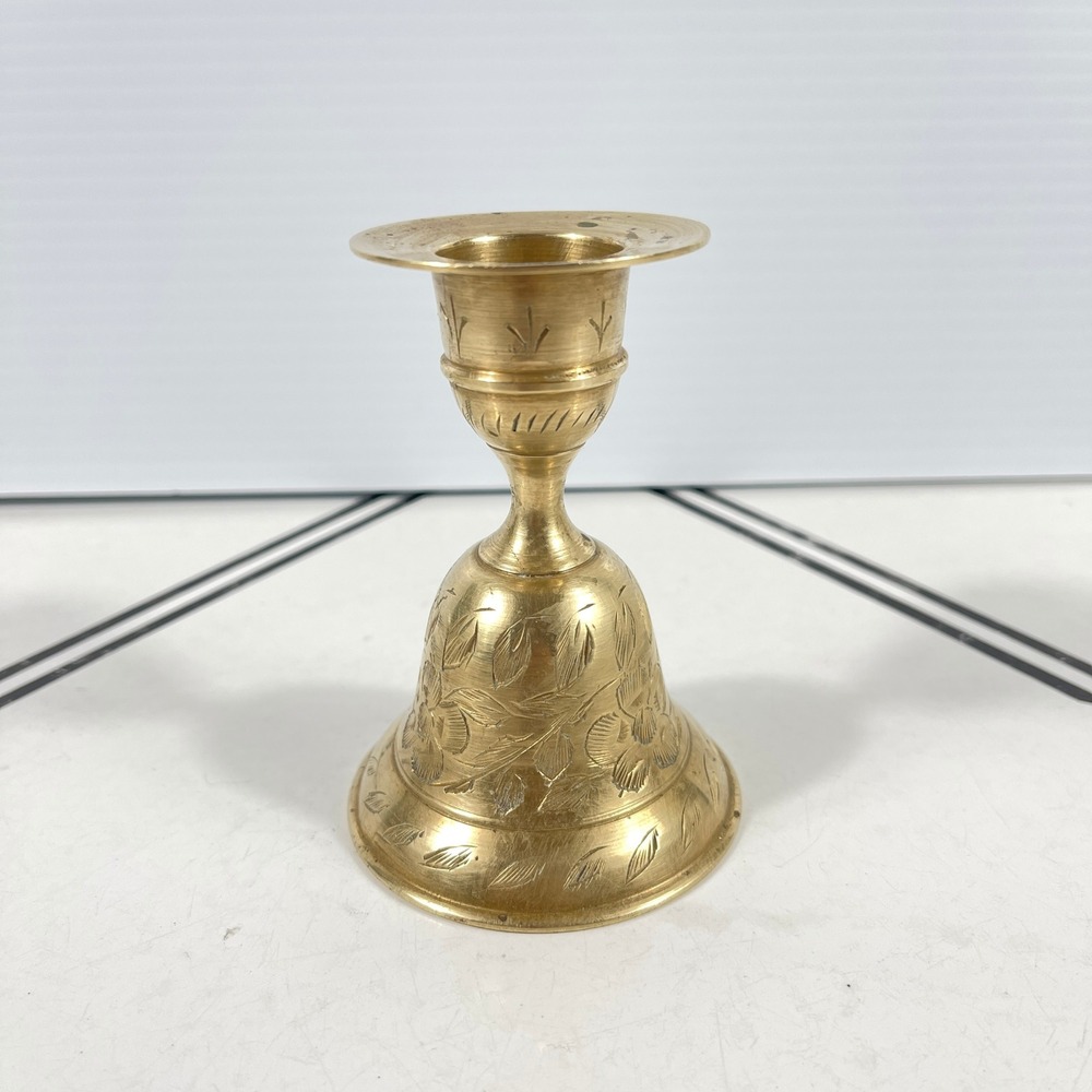Vintage Etched Brass Bell Candle Holder Floral Hand‎ Engraved Made in India